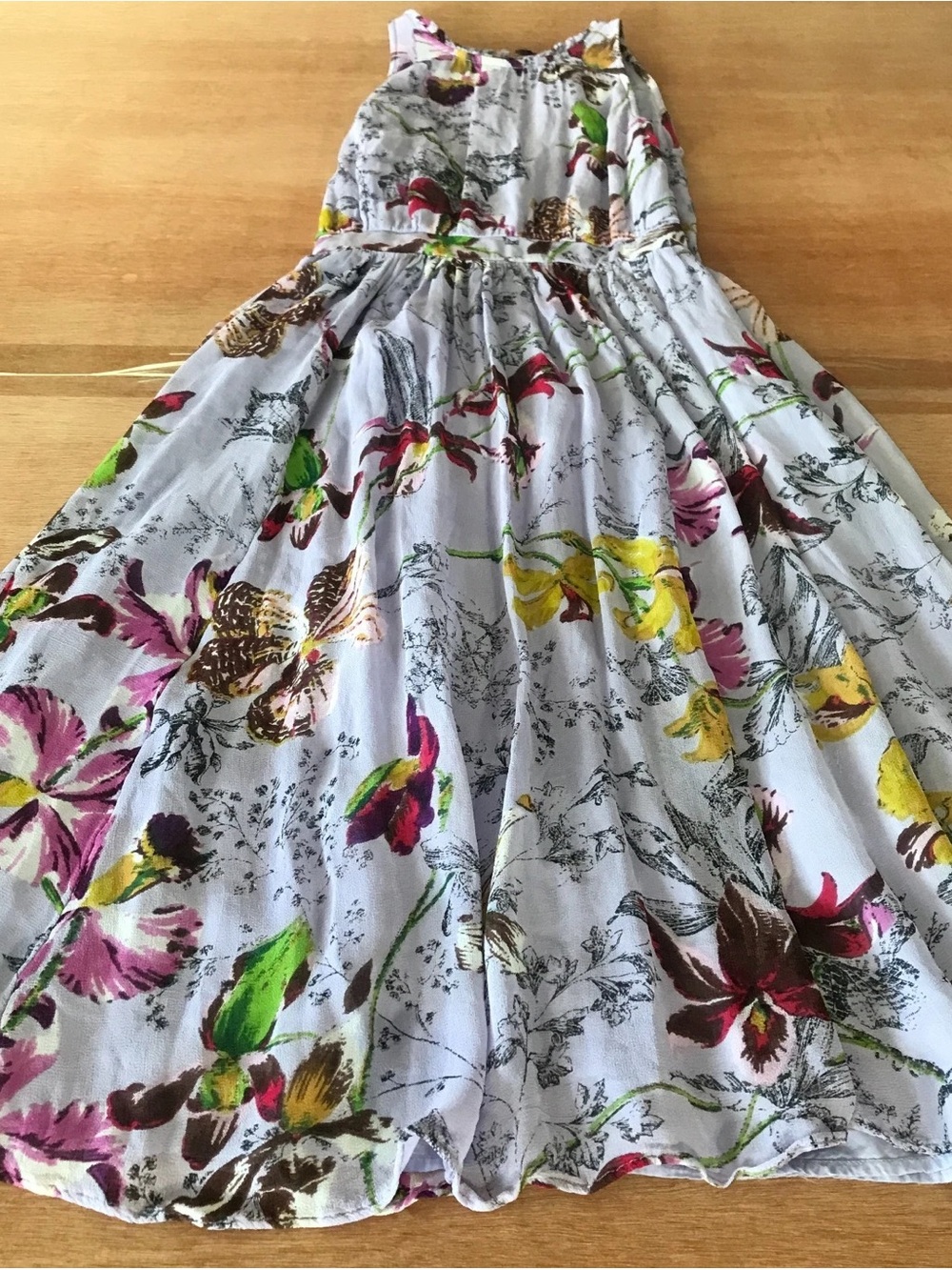 Anthropologie White Floral Midi Dress with Pink, Yellow & Green Accents